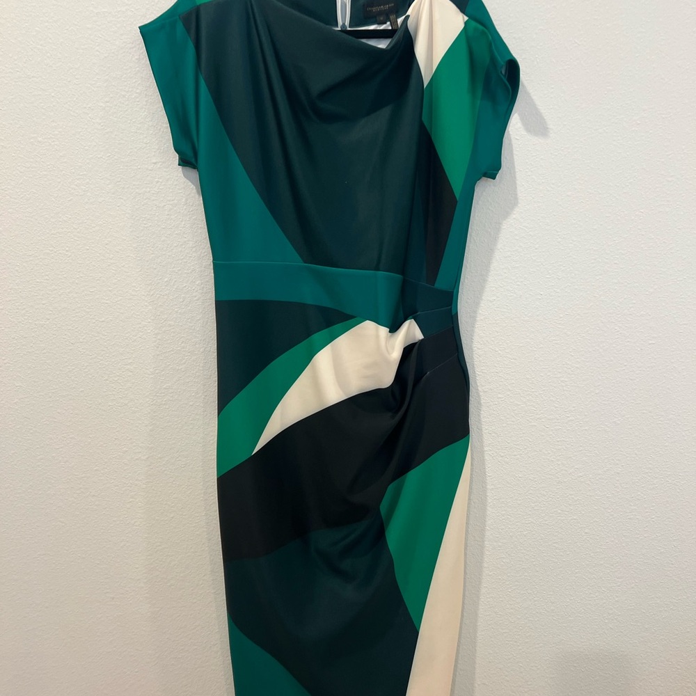Donna Karan Geometric Color Block Midi Dress in Green and Cream